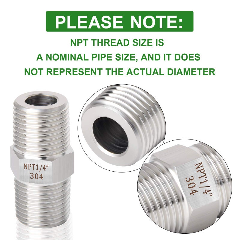 TAISHER 2PCS 304 Stainless Steel Hex Nipple, Pipe Fitting 1/4-Inch Male Pipe x 1/4-Inch Male Pipe - Image 5